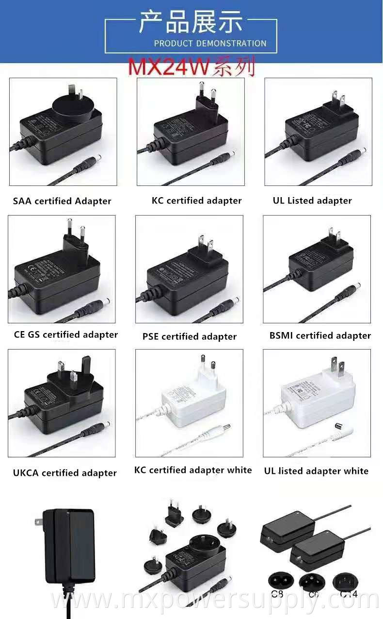 Detachable AC plug to 9V 1.5a 12V2A Power Supply 24W universal 24V1A Adapter with interchangeable US EU AU UK plug